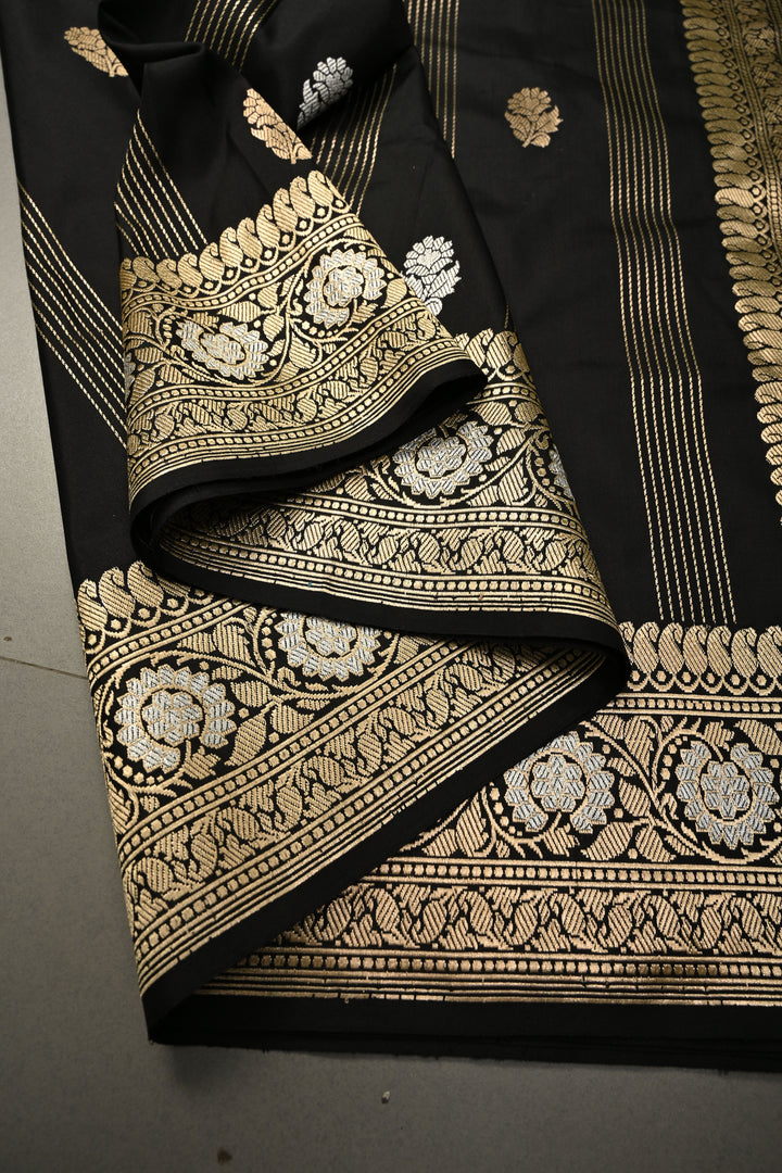 Black Zari Stripes On Pure Banarasi Katan Silk Saree with Sona Rupa Floral Zari Buttas and Zari Border | SILK MARK CERTIFIED | SHOBITAM