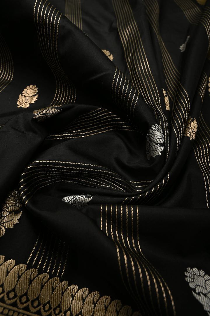 Black Zari Stripes On Pure Banarasi Katan Silk Saree with Sona Rupa Floral Zari Buttas and Zari Border | SILK MARK CERTIFIED | SHOBITAM