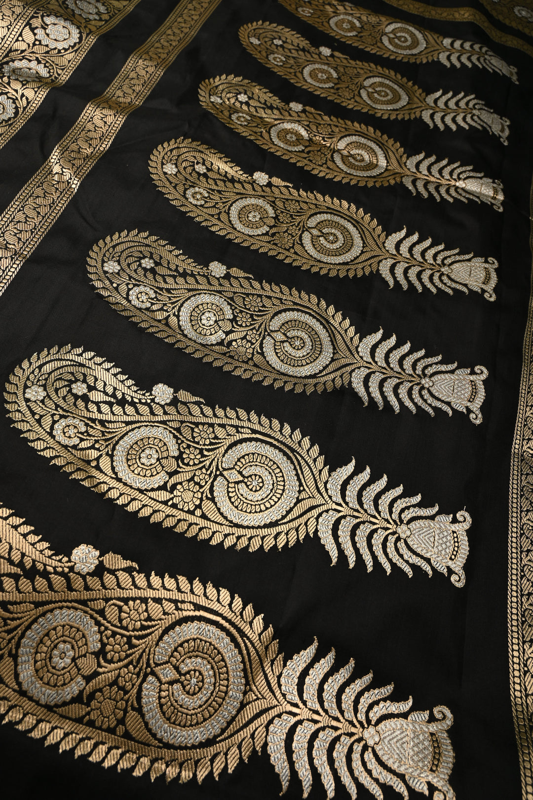 Black Zari Stripes On Pure Banarasi Katan Silk Saree with Sona Rupa Floral Zari Buttas and Zari Border | SILK MARK CERTIFIED | SHOBITAM