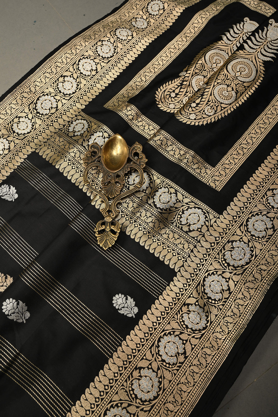 Black Zari Stripes On Pure Banarasi Katan Silk Saree with Sona Rupa Floral Zari Buttas and Zari Border | SILK MARK CERTIFIED | SHOBITAM