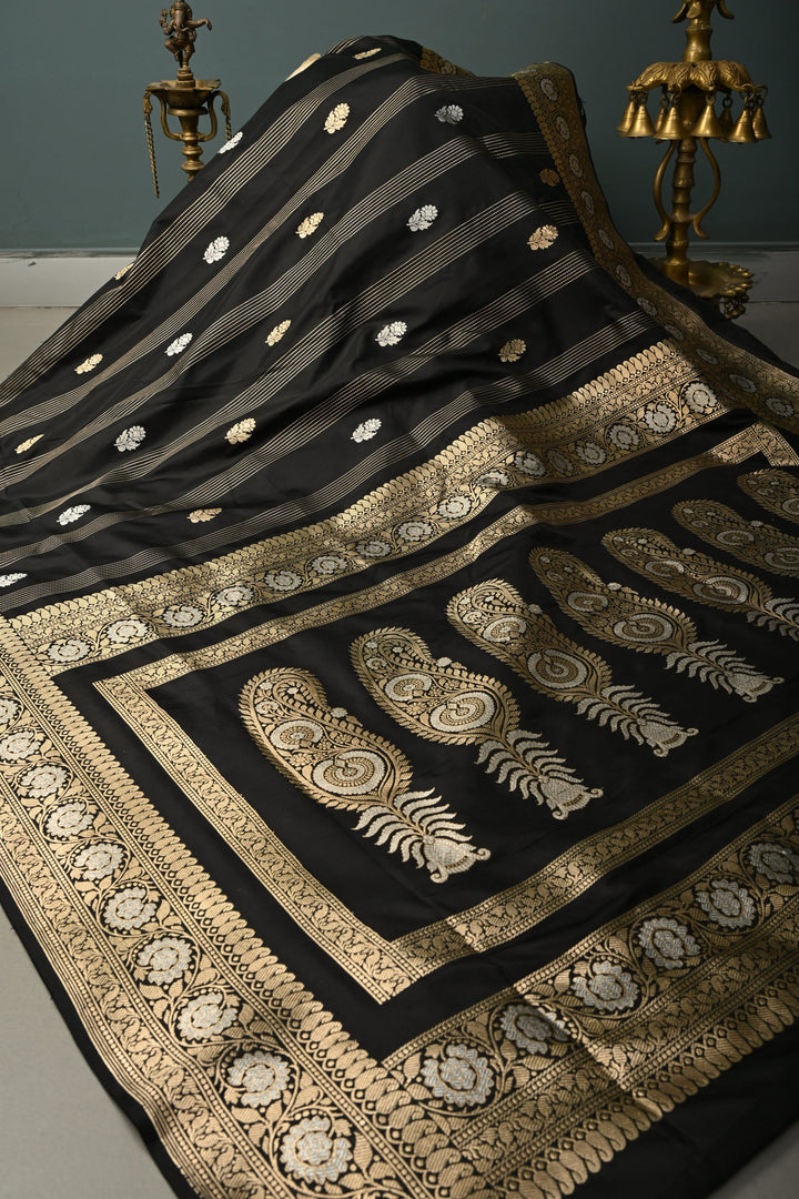 Black Zari Stripes On Pure Banarasi Katan Silk Saree with Sona Rupa Floral Zari Buttas and Zari Border | SILK MARK CERTIFIED | SHOBITAM