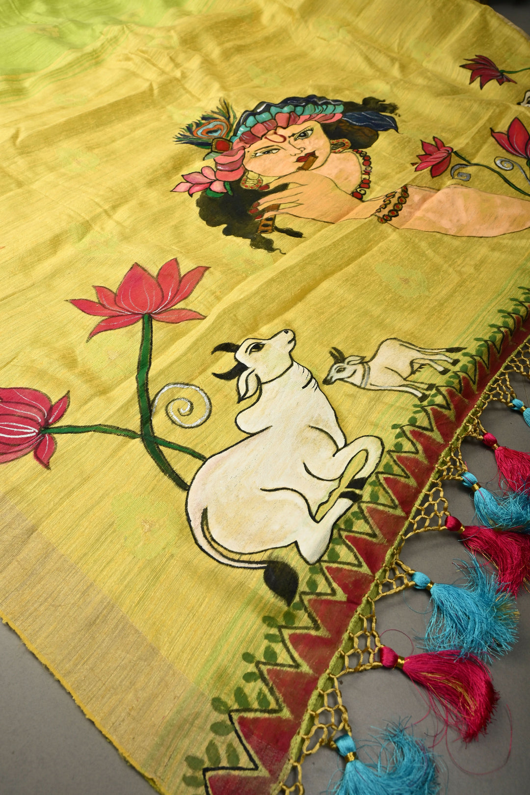 Lime Green Floral Resham Buttas on Tussar Silk Saree With Lord Krishna Hand Painted and Muted Zari Border | SILK MARK CERTIFIED