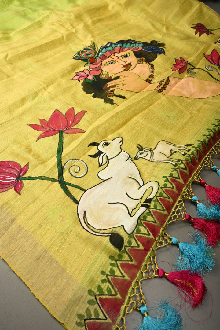 Lime Green Floral Resham Buttas on Tussar Silk Saree With Lord Krishna Hand Painted and Muted Zari Border | SILK MARK CERTIFIED