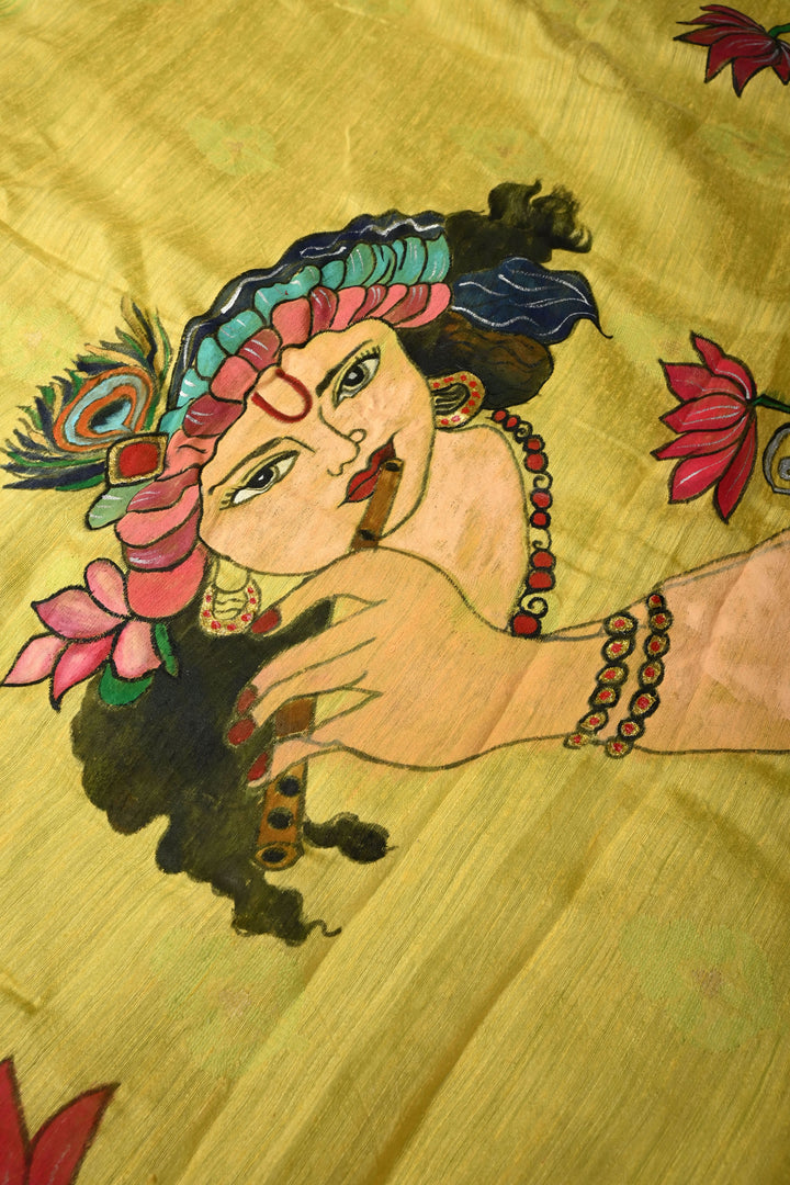 Lime Green Floral Resham Buttas on Tussar Silk Saree With Lord Krishna Hand Painted and Muted Zari Border | SILK MARK CERTIFIED