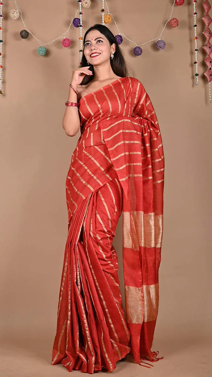 Ready To Wear Red Bhagalpuri Cotton Silk with woven zari & Ornate Pallu Wrap in 1 minute saree