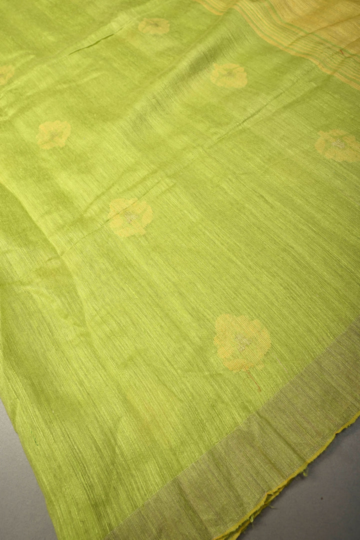 Lime Green Floral Resham Buttas on Tussar Silk Saree With Lord Krishna Hand Painted and Muted Zari Border | SILK MARK CERTIFIED