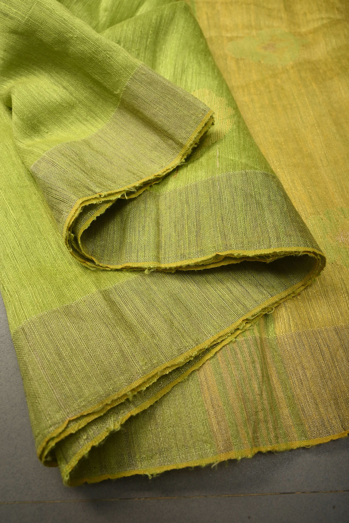 Lime Green Floral Resham Buttas on Tussar Silk Saree With Lord Krishna Hand Painted and Muted Zari Border | SILK MARK CERTIFIED
