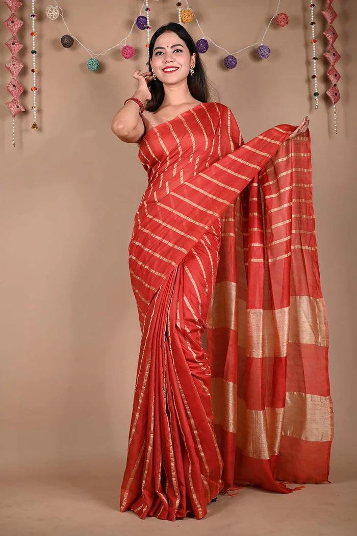 Ready To Wear Red Bhagalpuri Cotton Silk with woven zari & Ornate Pallu Wrap in 1 minute saree