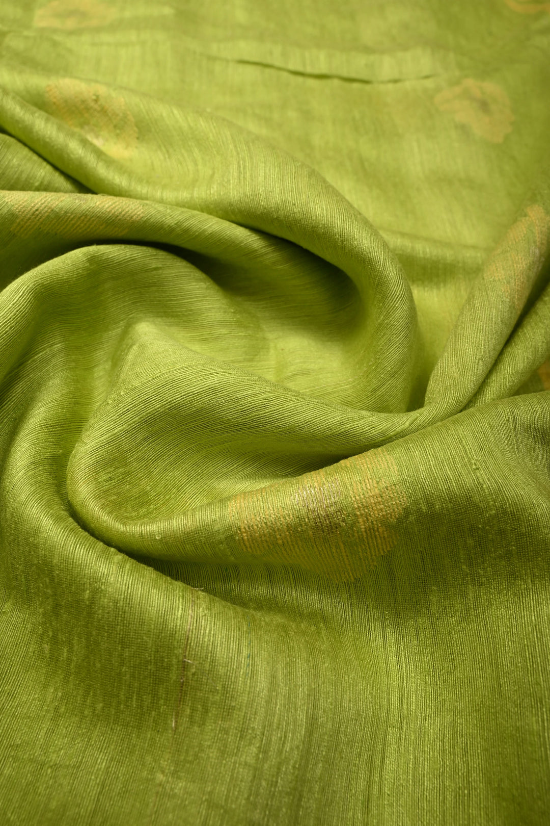 Lime Green Floral Resham Buttas on Tussar Silk Saree With Lord Krishna Hand Painted and Muted Zari Border | SILK MARK CERTIFIED
