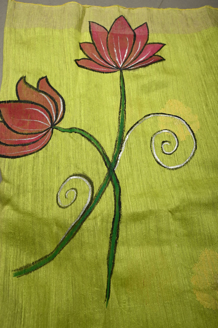 Lime Green Floral Resham Buttas on Tussar Silk Saree With Lord Krishna Hand Painted and Muted Zari Border | SILK MARK CERTIFIED