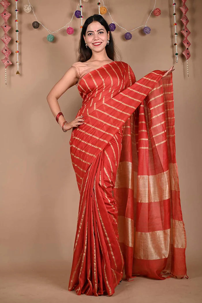 Ready To Wear Red Bhagalpuri Cotton Silk with woven zari & Ornate Pallu Wrap in 1 minute saree