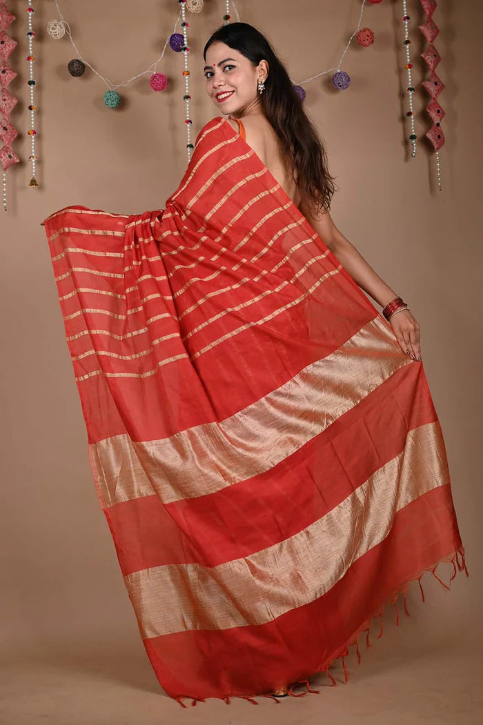 Ready To Wear Red Bhagalpuri Cotton Silk with woven zari & Ornate Pallu Wrap in 1 minute saree