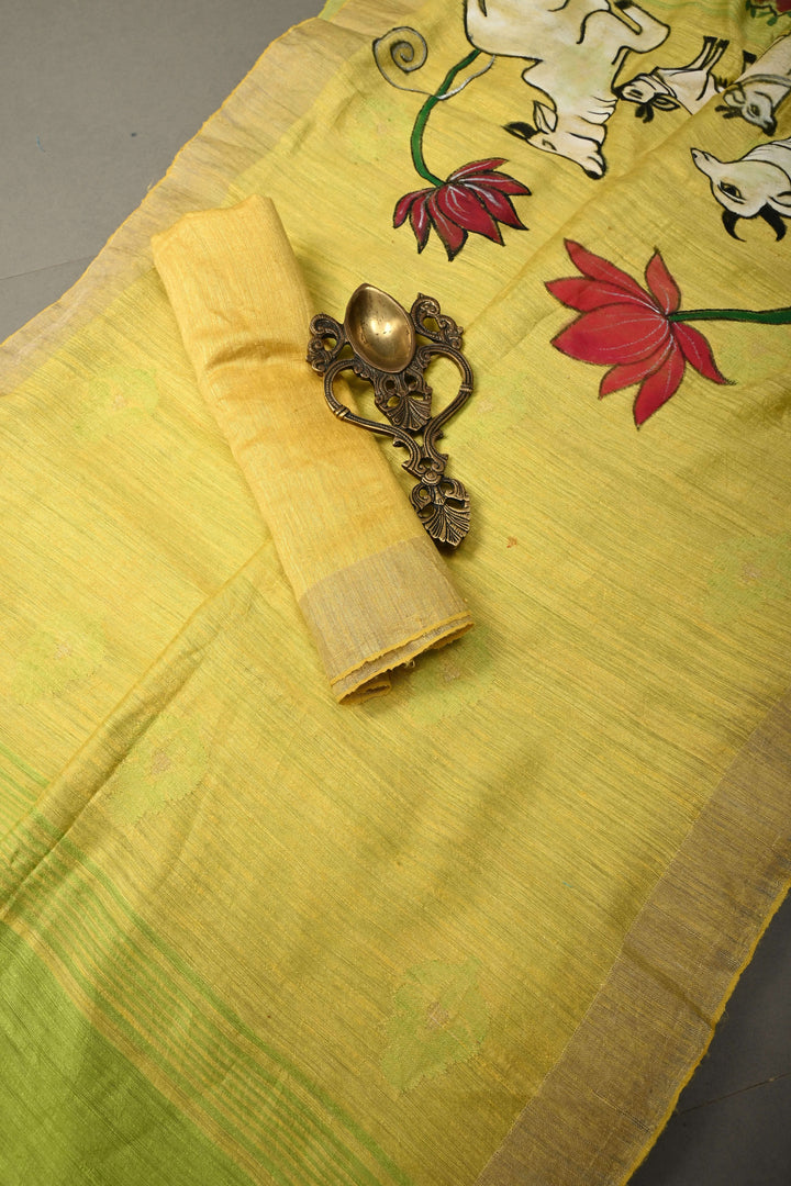 Lime Green Floral Resham Buttas on Tussar Silk Saree With Lord Krishna Hand Painted and Muted Zari Border | SILK MARK CERTIFIED