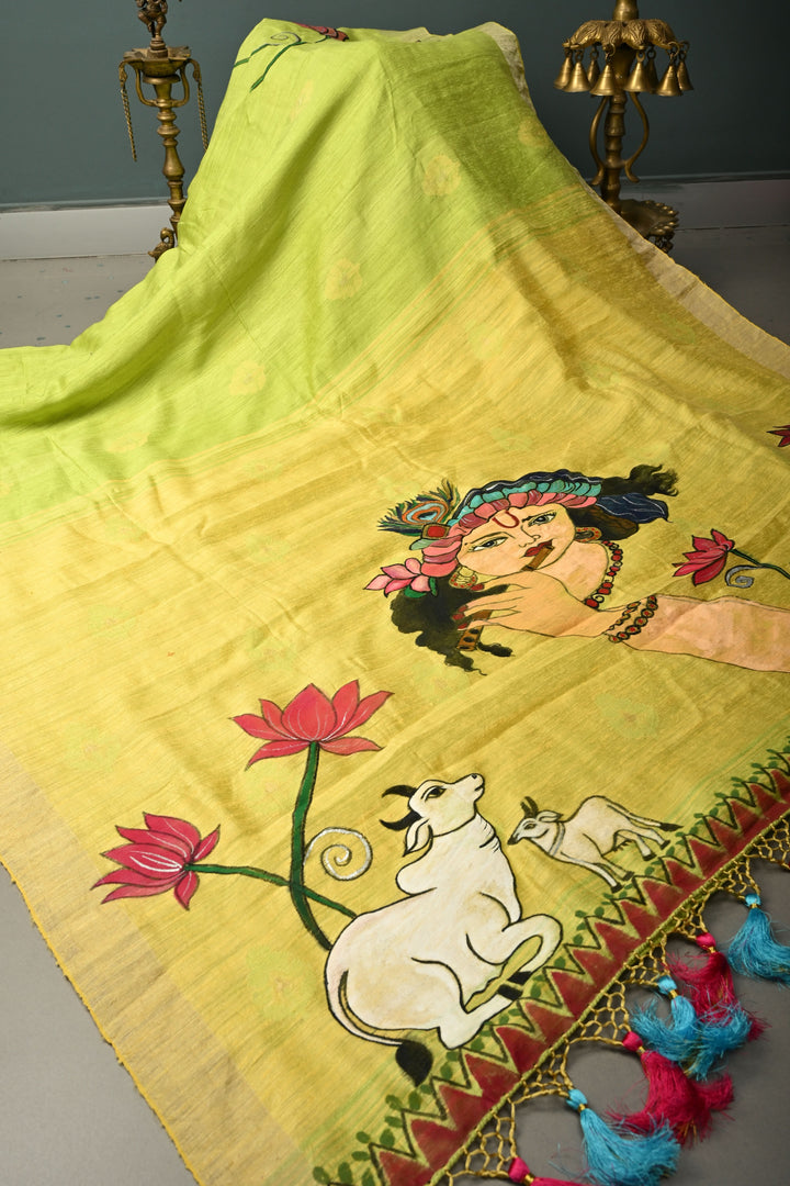 Lime Green Floral Resham Buttas on Tussar Silk Saree With Lord Krishna Hand Painted and Muted Zari Border | SILK MARK CERTIFIED