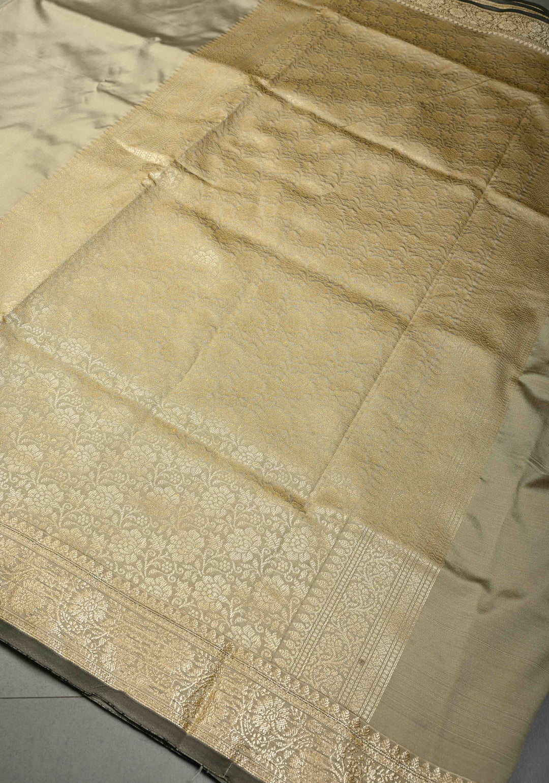 Patina Gray Semi Silk Saree with Floral Zari Border and Buttas Blouse Piece | SHOBITAM