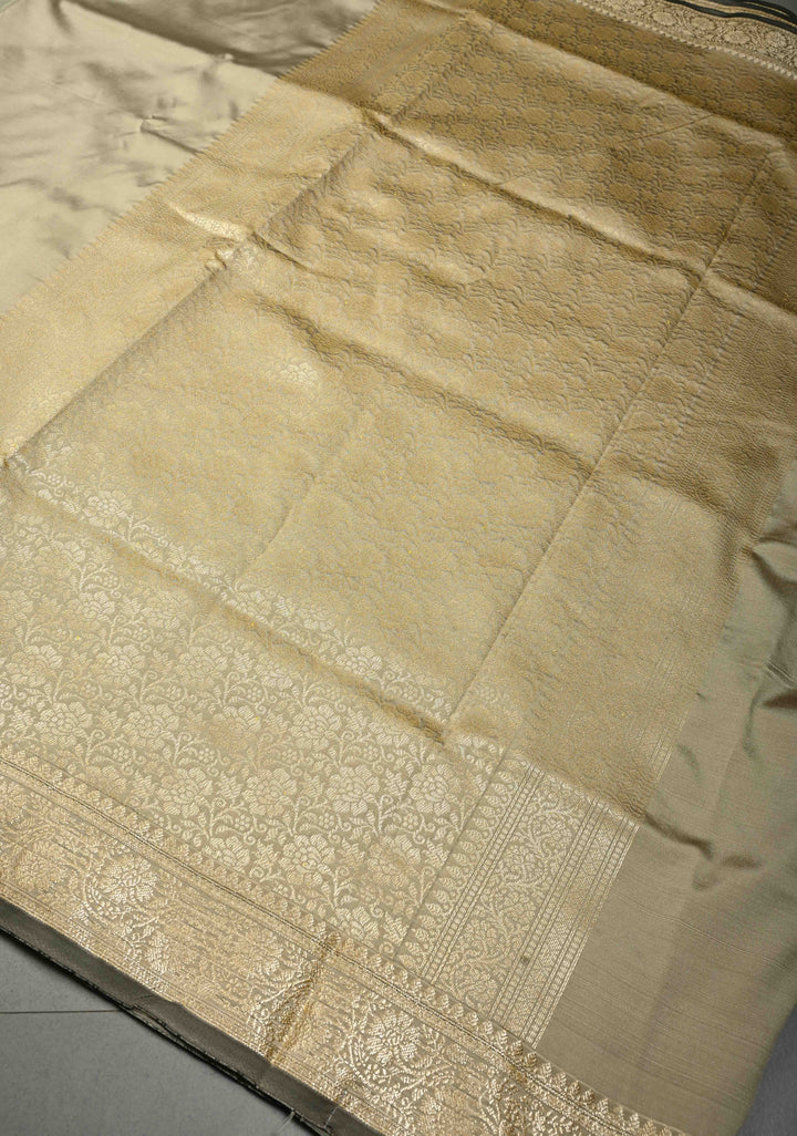 Patina Gray Semi Silk Saree with Floral Zari Border and Buttas Blouse Piece | SHOBITAM