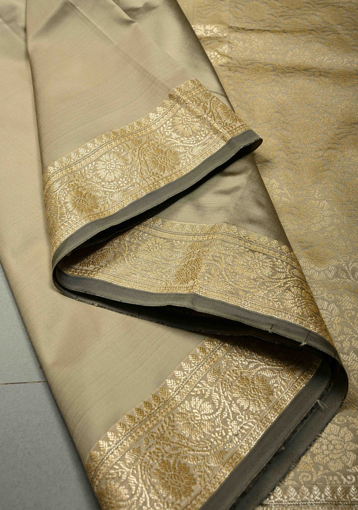Patina Gray Semi Silk Saree with Floral Zari Border and Buttas Blouse Piece | SHOBITAM