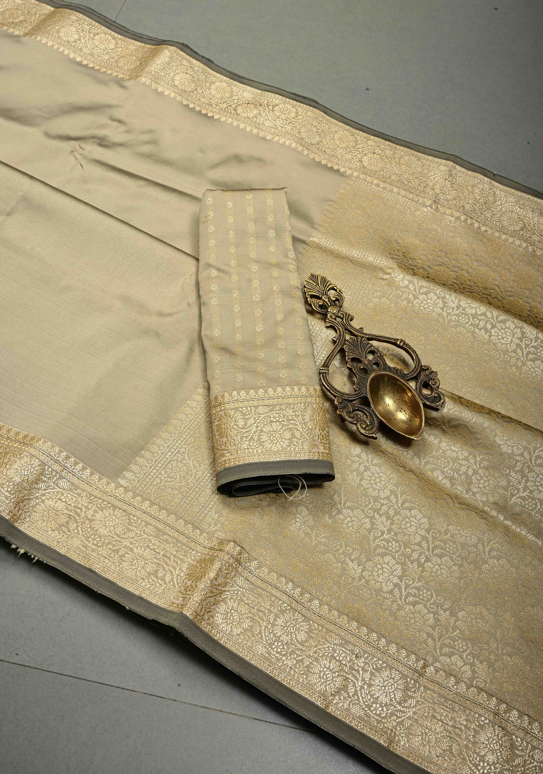 Patina Gray Semi Silk Saree with Floral Zari Border and Buttas Blouse Piece | SHOBITAM