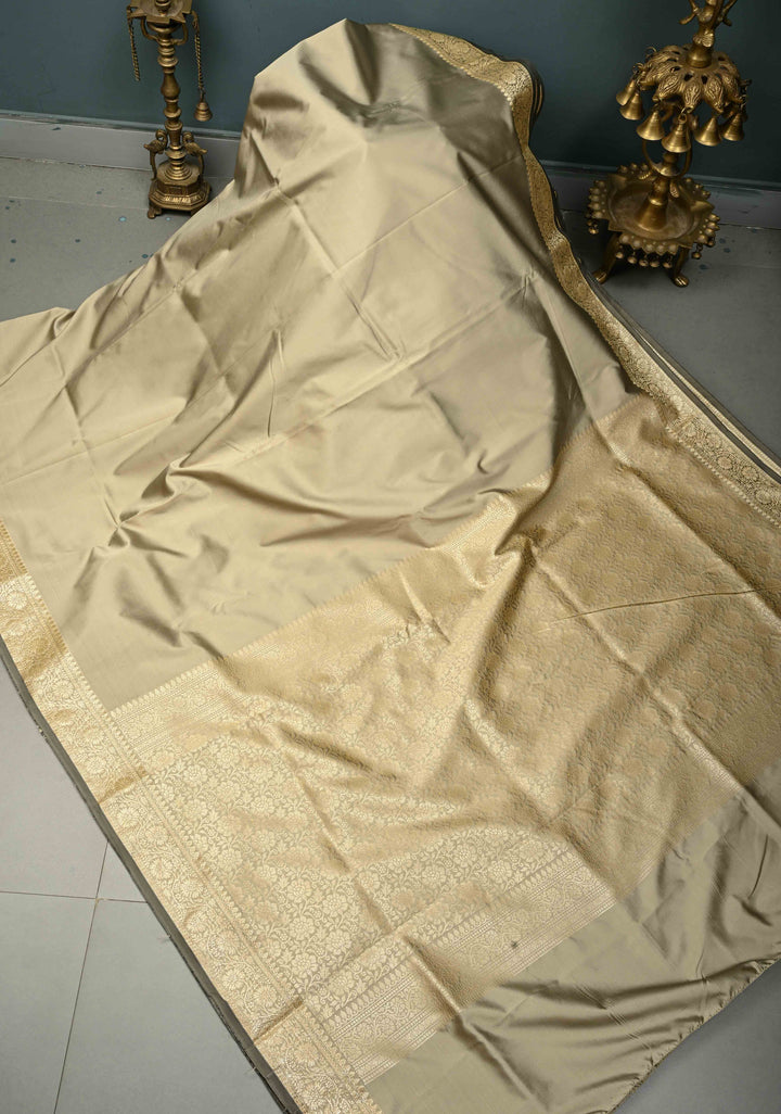 Patina Gray Semi Silk Saree with Floral Zari Border and Buttas Blouse Piece | SHOBITAM
