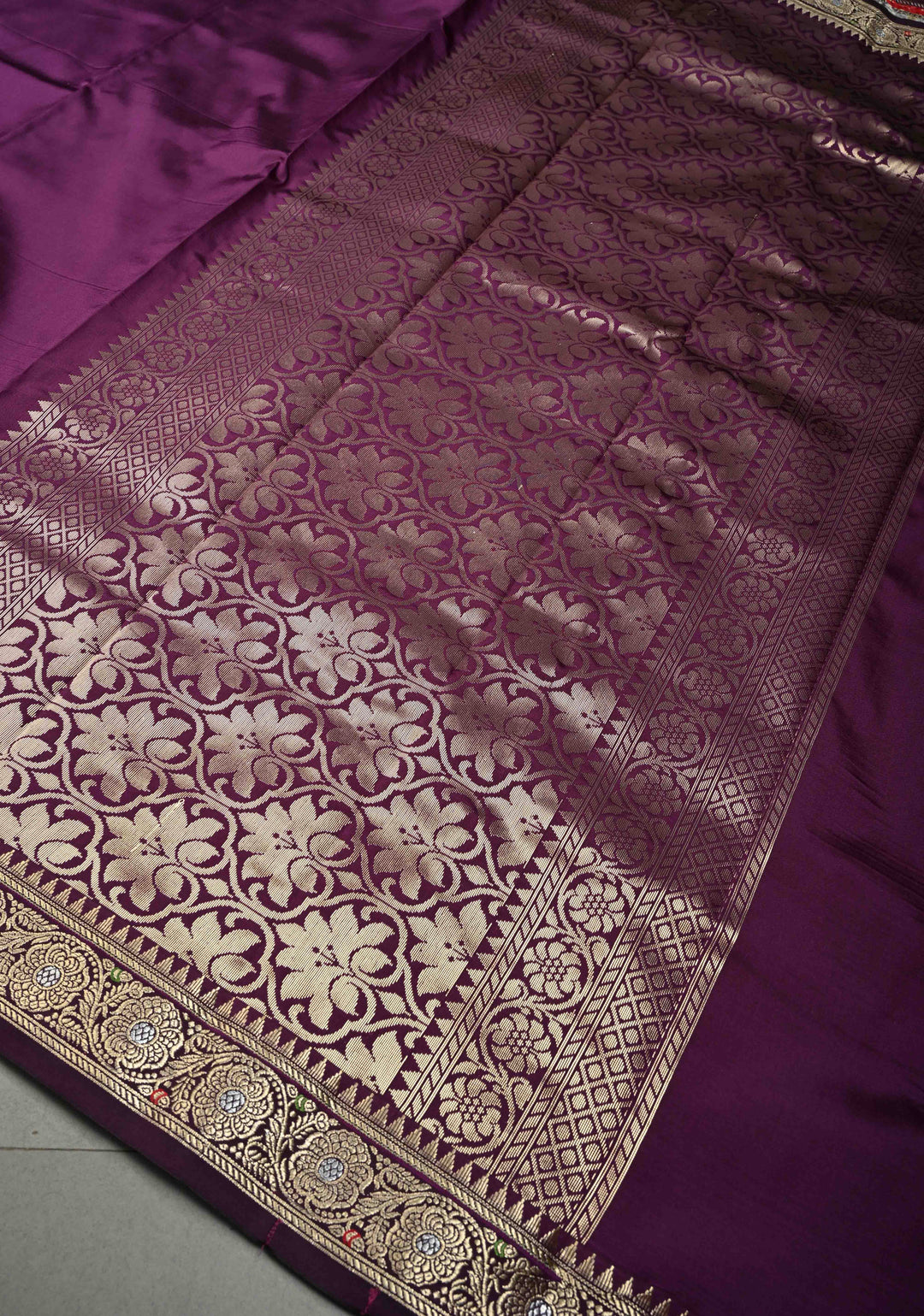 Aubergine Semi Silk Saree with Minimal Meenakari Floral Zari Border | SHOBITAM