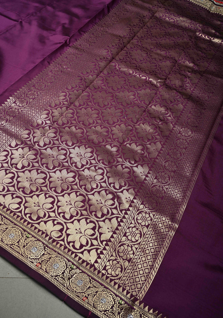 Aubergine Semi Silk Saree with Minimal Meenakari Floral Zari Border | SHOBITAM
