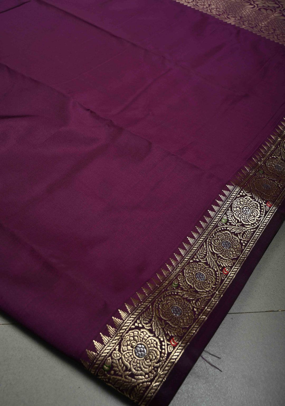 Aubergine Semi Silk Saree with Minimal Meenakari Floral Zari Border | SHOBITAM