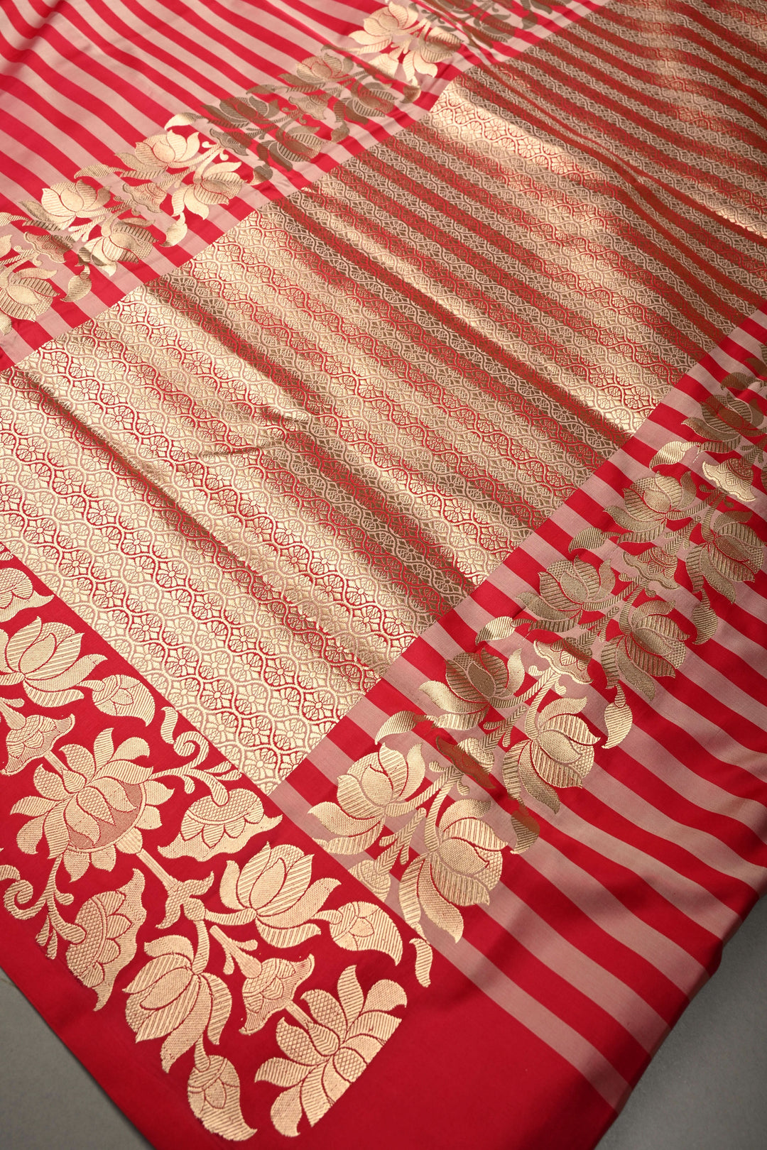 Rose Red-Pink Banarasi Mashru Silk Saree with Horizontal Stripes and Raj Kamal Zari Border | SILK MARK CERTIFIED | SHOBITAM