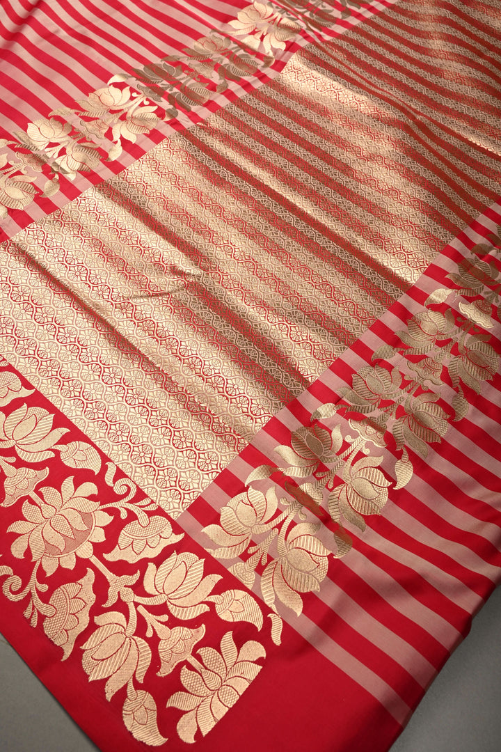 Rose Red-Pink Banarasi Mashru Silk Saree with Horizontal Stripes and Raj Kamal Zari Border | SILK MARK CERTIFIED | SHOBITAM
