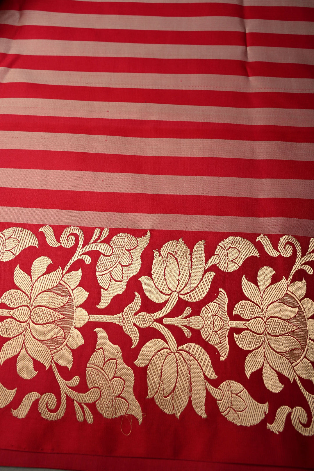 Rose Red-Pink Banarasi Mashru Silk Saree with Horizontal Stripes and Raj Kamal Zari Border | SILK MARK CERTIFIED | SHOBITAM