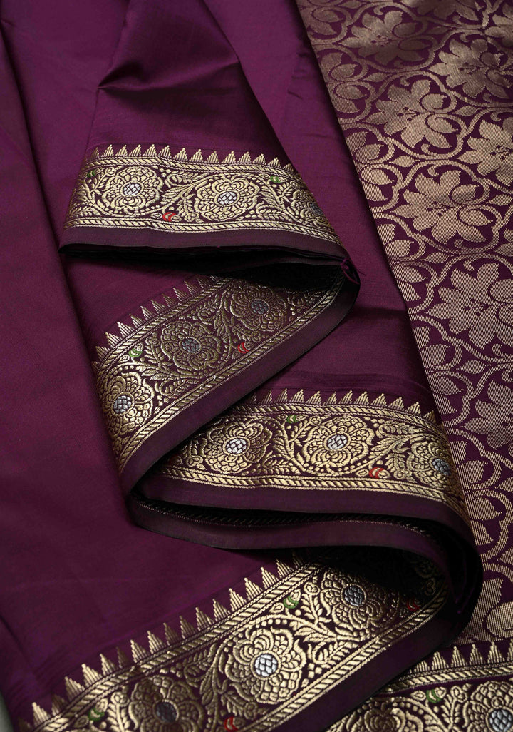 Aubergine Semi Silk Saree with Minimal Meenakari Floral Zari Border | SHOBITAM