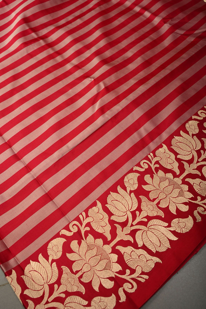 Rose Red-Pink Banarasi Mashru Silk Saree with Horizontal Stripes and Raj Kamal Zari Border | SILK MARK CERTIFIED | SHOBITAM