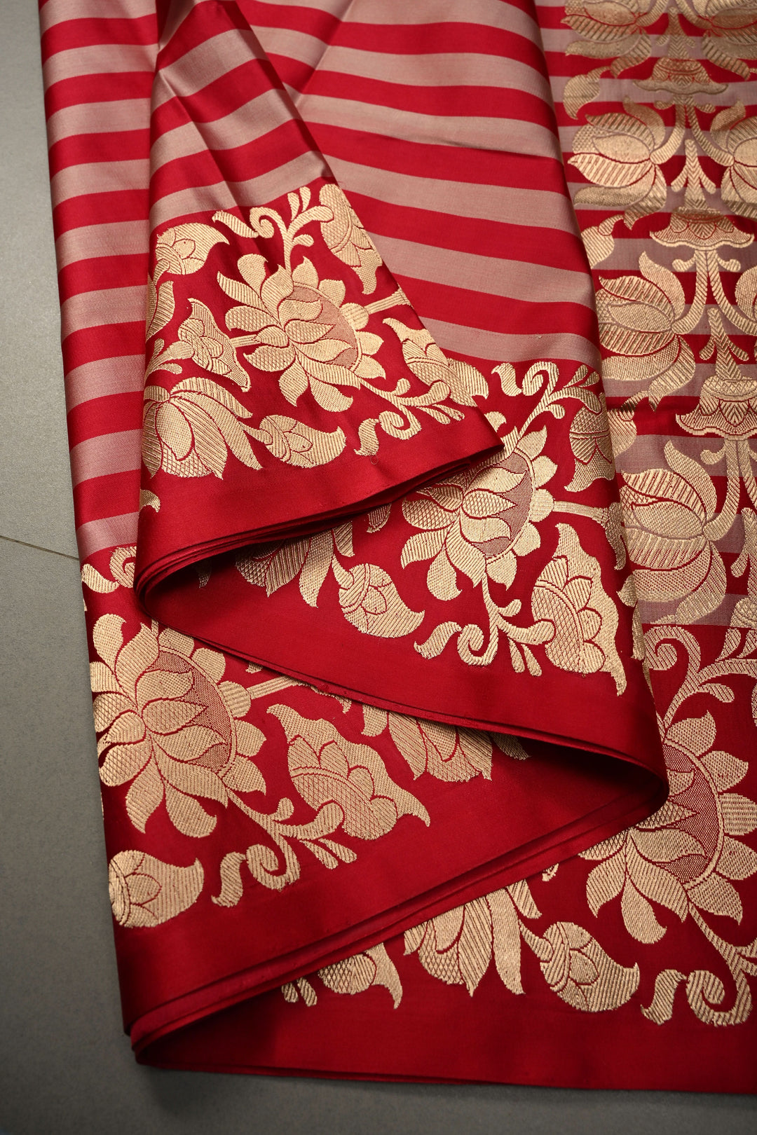 Rose Red-Pink Banarasi Mashru Silk Saree with Horizontal Stripes and Raj Kamal Zari Border | SILK MARK CERTIFIED | SHOBITAM
