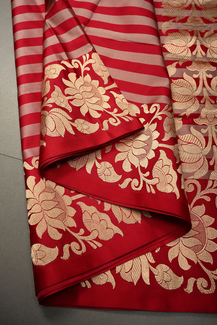 Rose Red-Pink Banarasi Mashru Silk Saree with Horizontal Stripes and Raj Kamal Zari Border | SILK MARK CERTIFIED | SHOBITAM