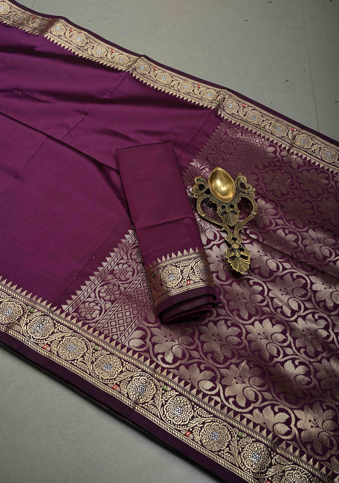 Aubergine Semi Silk Saree with Minimal Meenakari Floral Zari Border | SHOBITAM