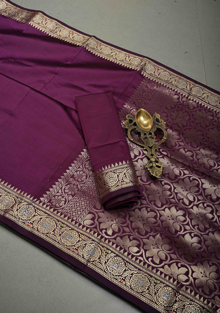 Aubergine Semi Silk Saree with Minimal Meenakari Floral Zari Border | SHOBITAM
