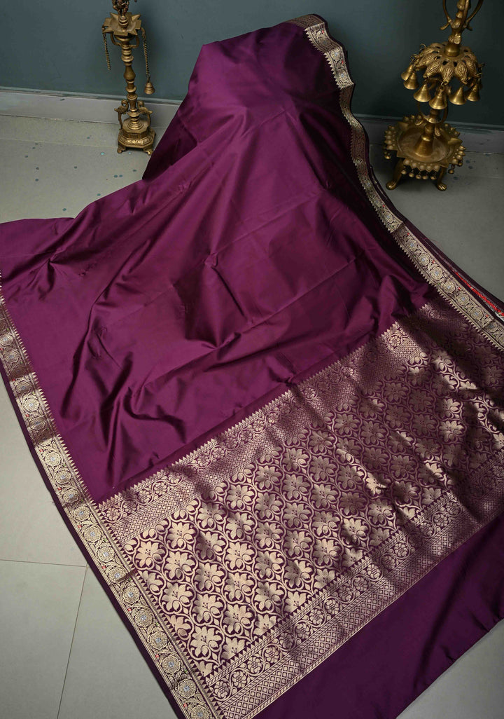 Aubergine Semi Silk Saree with Minimal Meenakari Floral Zari Border | SHOBITAM