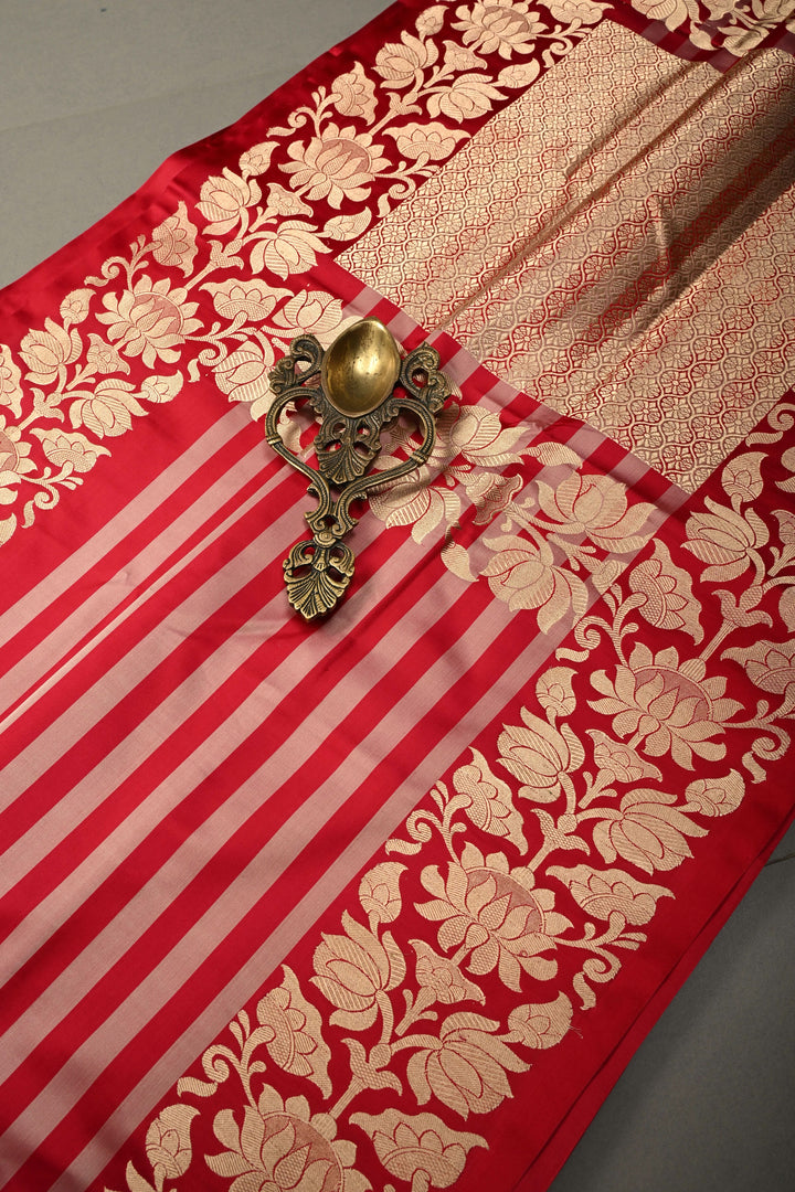 Rose Red-Pink Banarasi Mashru Silk Saree with Horizontal Stripes and Raj Kamal Zari Border | SILK MARK CERTIFIED | SHOBITAM