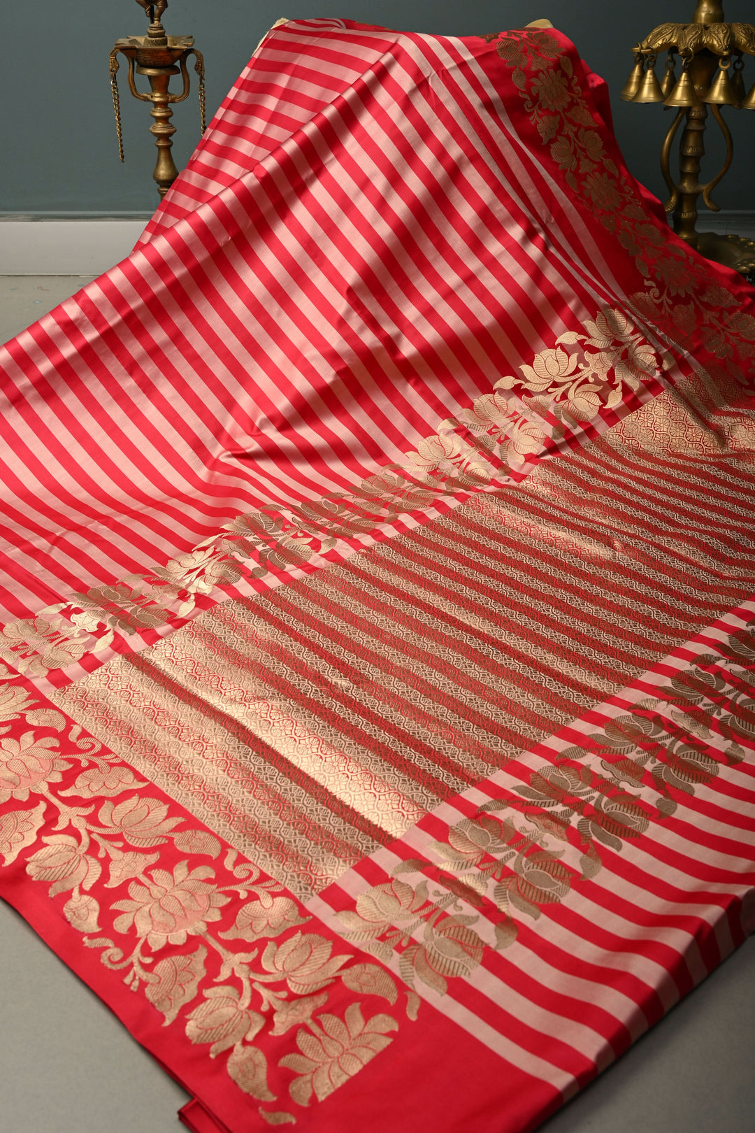 Rose Red-Pink Banarasi Mashru Silk Saree with Horizontal Stripes and Raj Kamal Zari Border | SILK MARK CERTIFIED | SHOBITAM