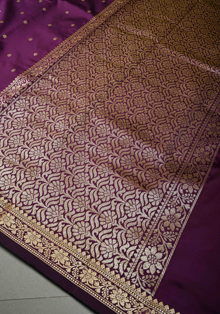 Deep Purple Semi Silk Saree with Chunri Buttis and Minimal Zari Border | SHOBITAM