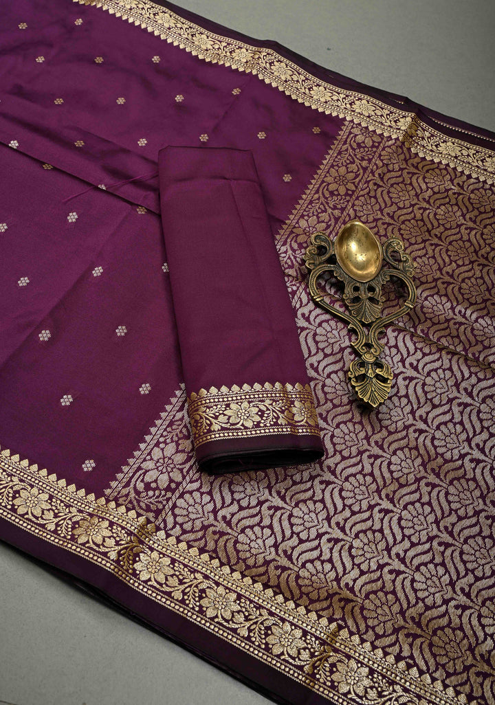 Deep Purple Semi Silk Saree with Chunri Buttis and Minimal Zari Border | SHOBITAM
