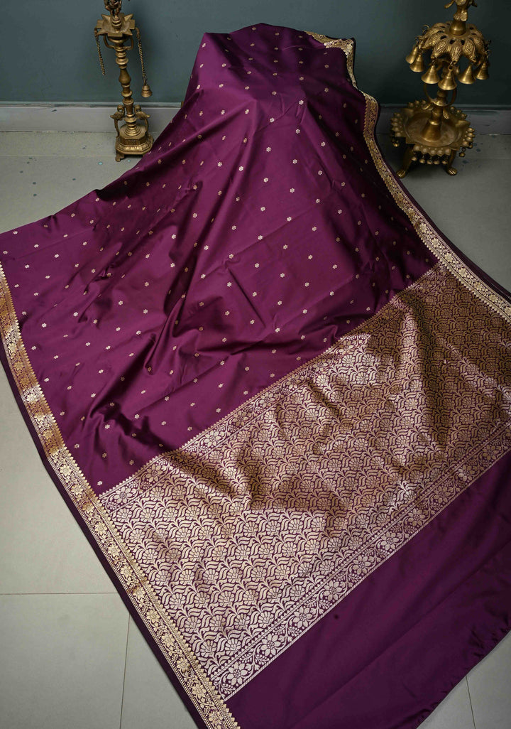 Deep Purple Semi Silk Saree with Chunri Buttis and Minimal Zari Border | SHOBITAM