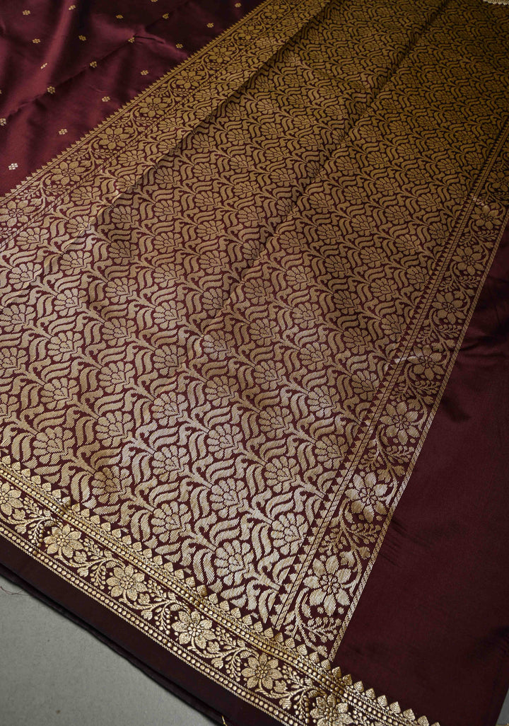 Coffee Brown Semi Silk Saree with Chunri Buttis and Minimal Zari Border | SHOBITAM