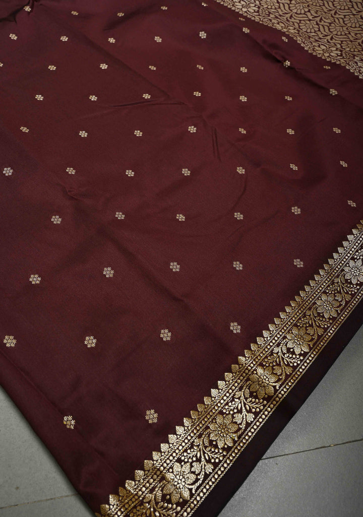 Coffee Brown Semi Silk Saree with Chunri Buttis and Minimal Zari Border | SHOBITAM