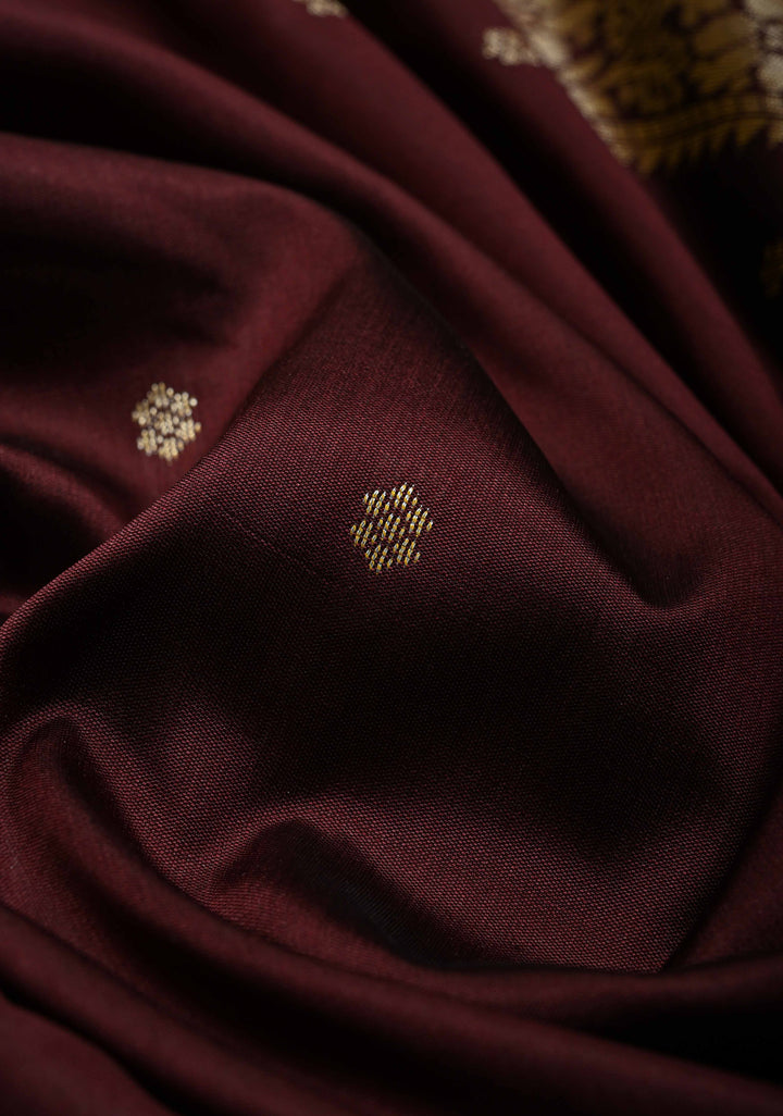 Coffee Brown Semi Silk Saree with Chunri Buttis and Minimal Zari Border | SHOBITAM