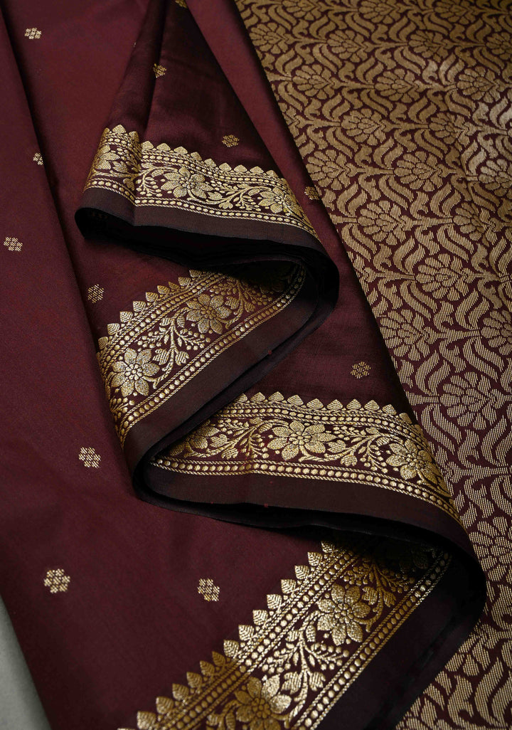 Coffee Brown Semi Silk Saree with Chunri Buttis and Minimal Zari Border | SHOBITAM