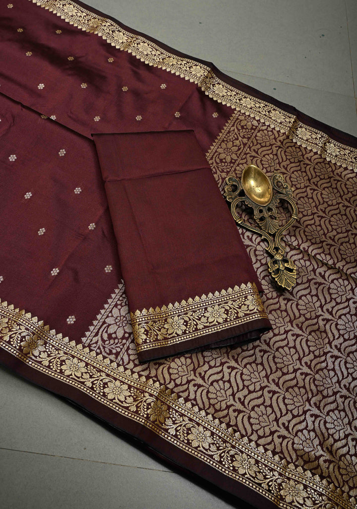 Coffee Brown Semi Silk Saree with Chunri Buttis and Minimal Zari Border | SHOBITAM