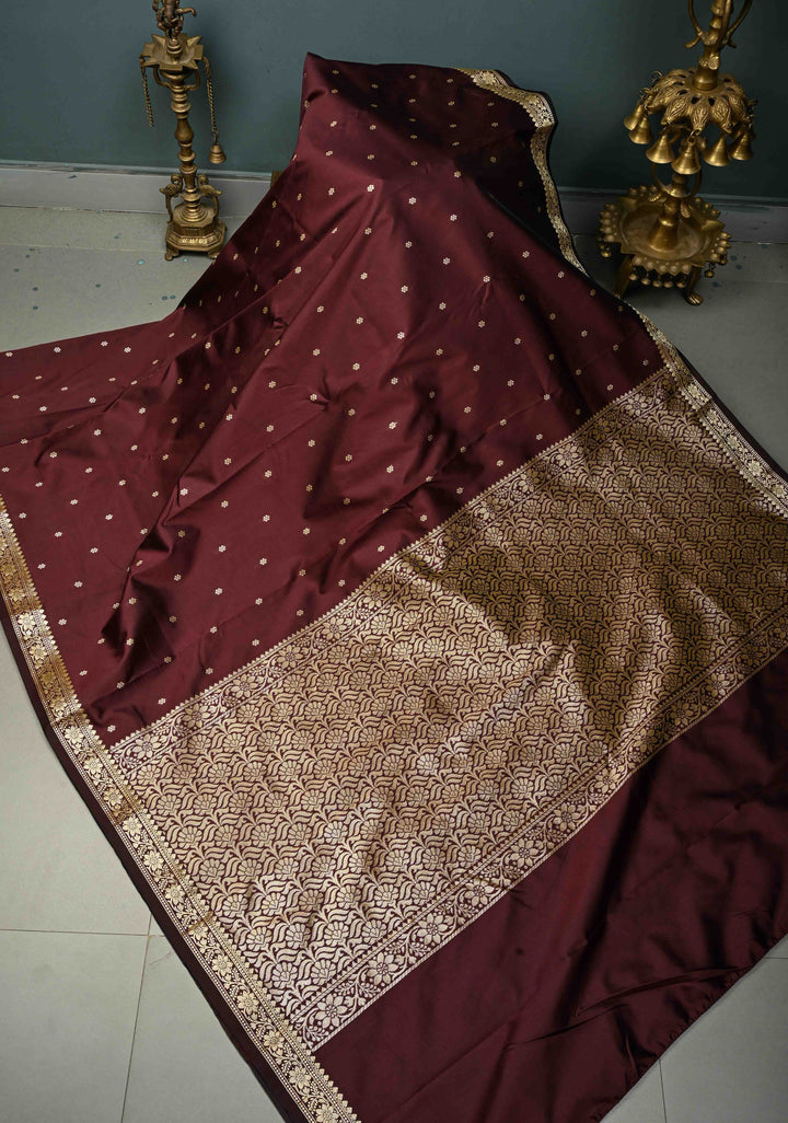 Coffee Brown Semi Silk Saree with Chunri Buttis and Minimal Zari Border | SHOBITAM