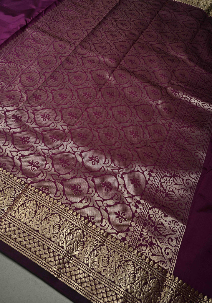 Eggplant Purple Semi Silk Saree with Floral Zari Border | SHOBITAM