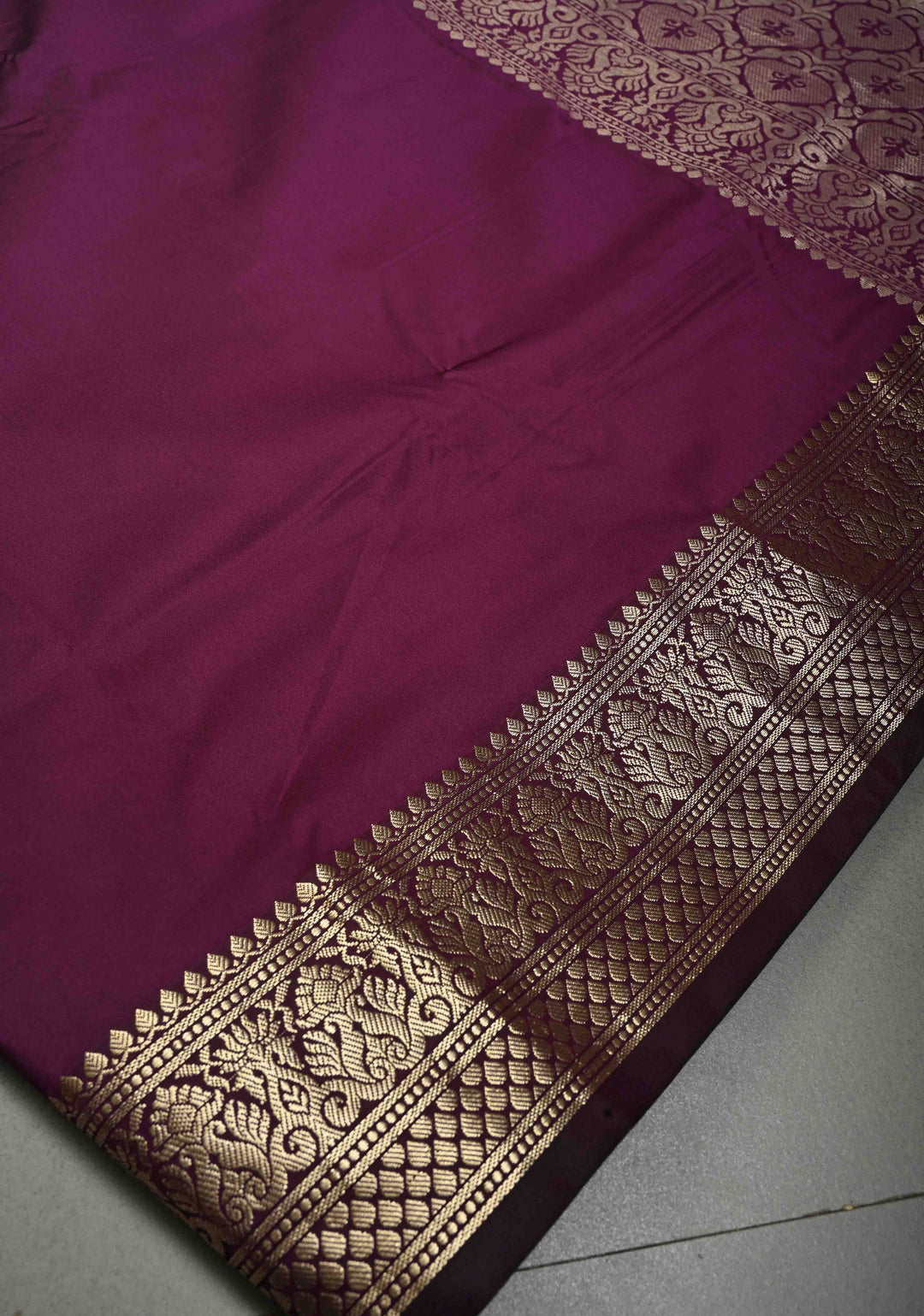Eggplant Purple Semi Silk Saree with Floral Zari Border | SHOBITAM