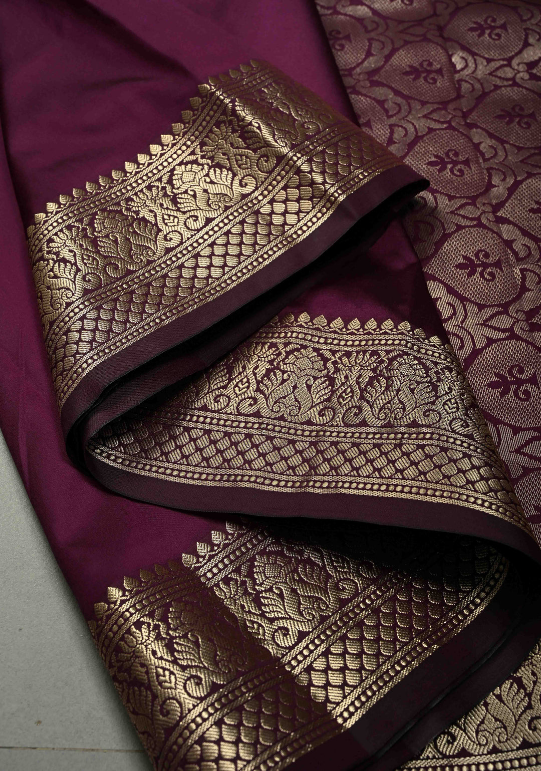 Eggplant Purple Semi Silk Saree with Floral Zari Border | SHOBITAM